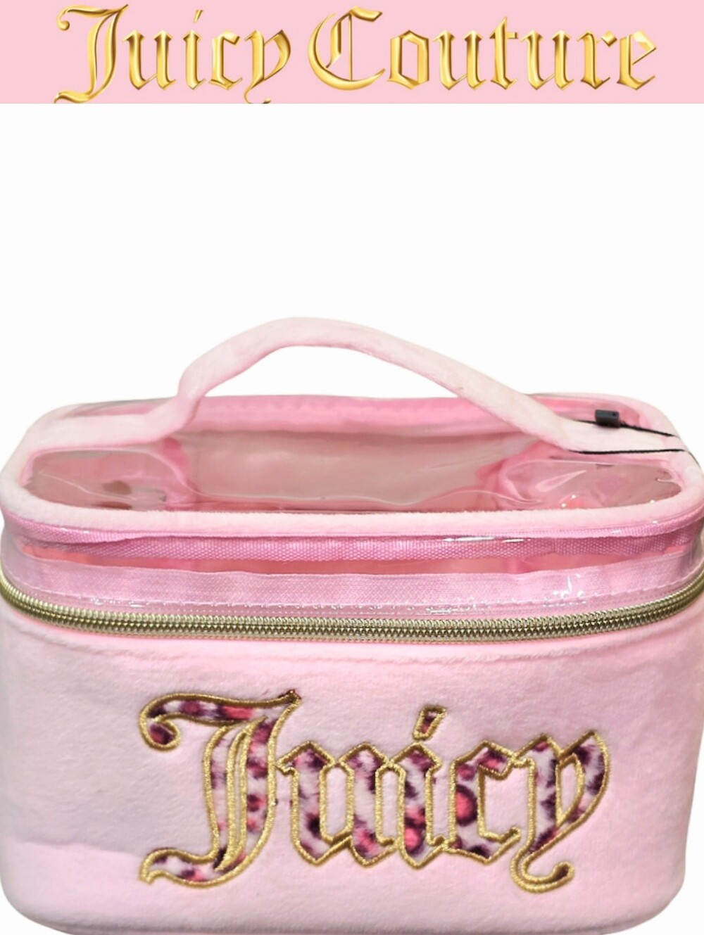 Juicy Couture Leopord Print Embrodried Logo Clear-Top Cosmetic Case- Pink